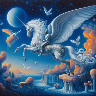Primary subject: A white unicorn with a person riding it.

Setting/background: The unicorn and rider are flying through the night sky, with a moon visible in the background.

Visual style: The image is a digital art piece.

Colors and mood: The colors are predominantly white, with some blue and orange accents. The overall atmosphere is magical and dreamy.
